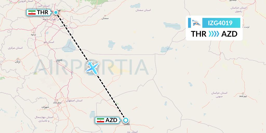 IZG4019 Zagros Airlines Flight Map: Tehran to Yazd