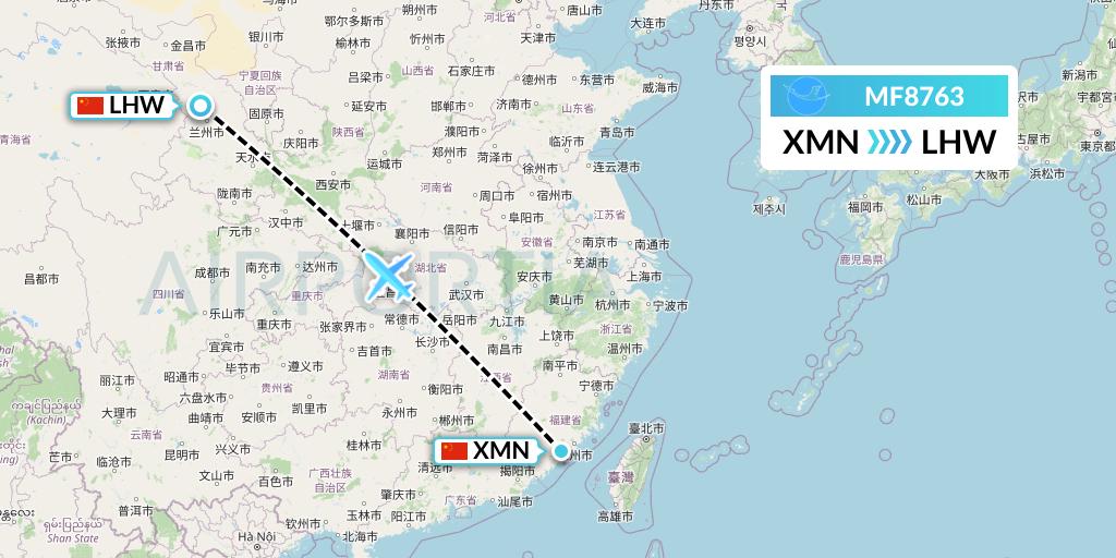 MF8763 Xiamen Airlines Flight Map: Xiamen to Lanzhou
