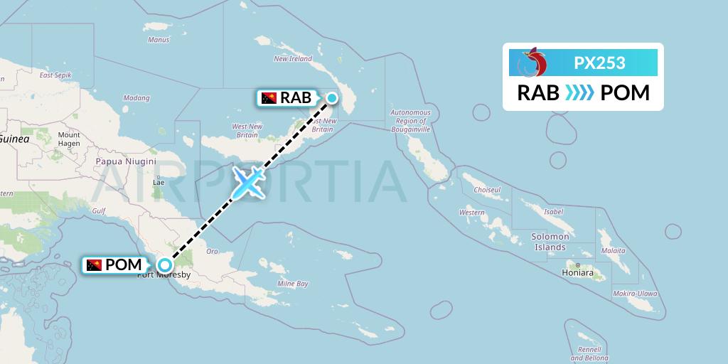 PX253 Air Niugini Flight Map: Tokua to Port Moresby