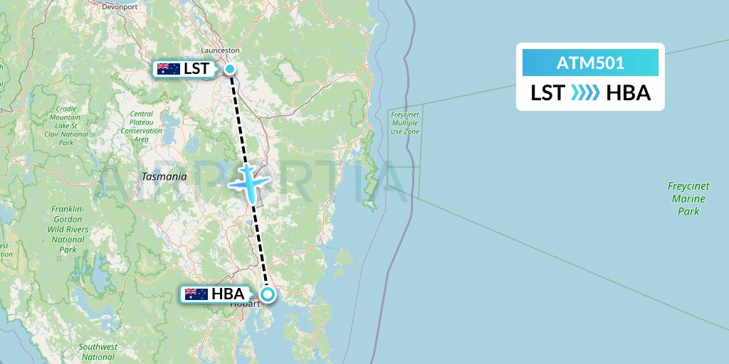 ATM501 Airlines of Tasmania Flight Map: Launceston to Hobart