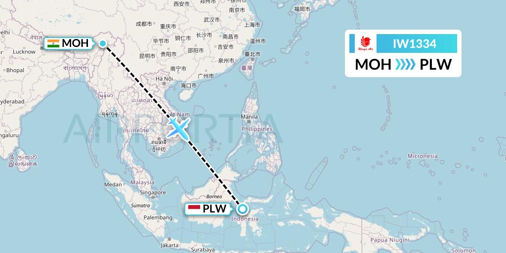 IW1334 Wings Air Flight Map: Mohanbari to Palu