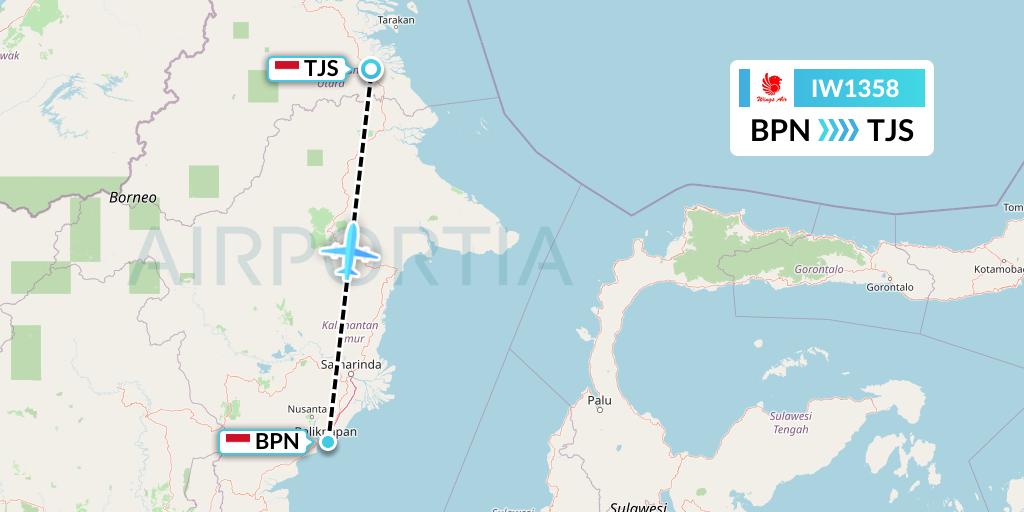 IW1358 Wings Air Flight Map: Balikpapan to Tanjung Selor-Borneo Island