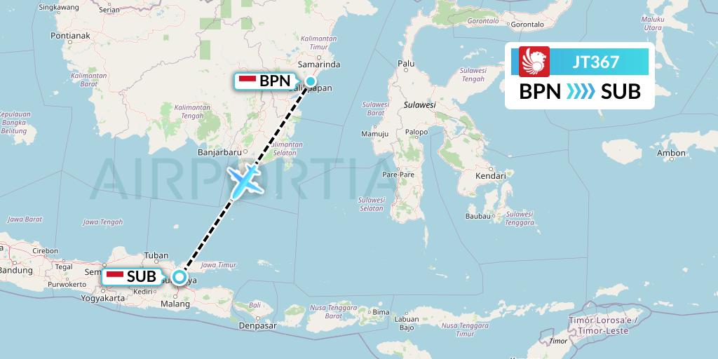 JT367 Lion Airlines Flight Map: Balikpapan to Surabaya