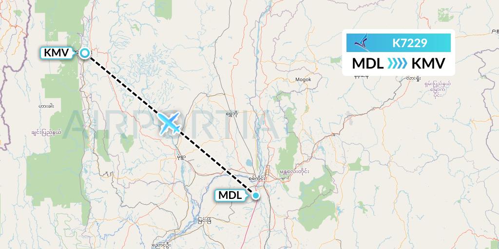 K7229 Air KBZ Flight Map: Mandalay to Kalemyo