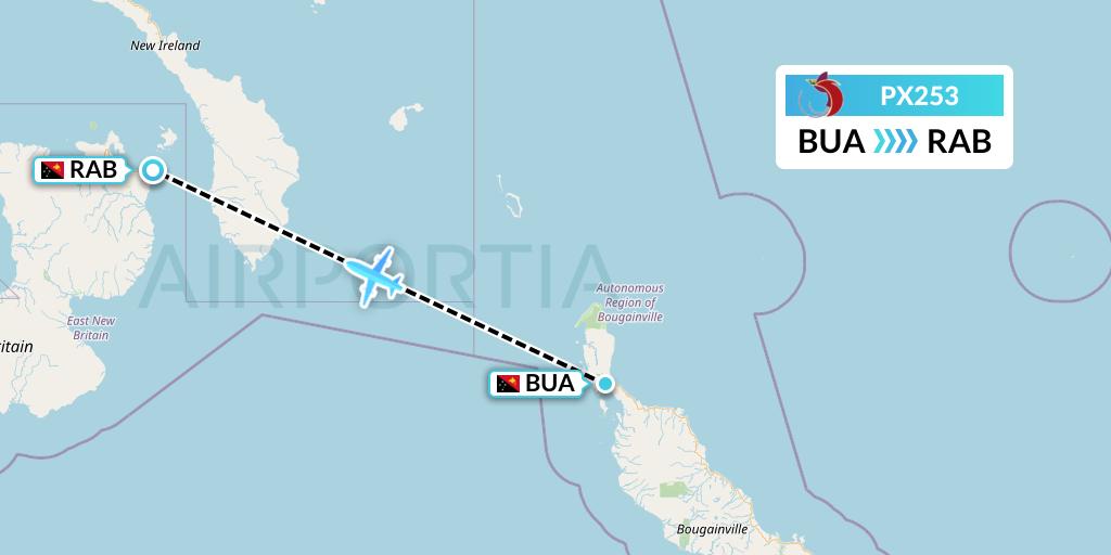 PX253 Air Niugini Flight Map: Buka Island to Tokua