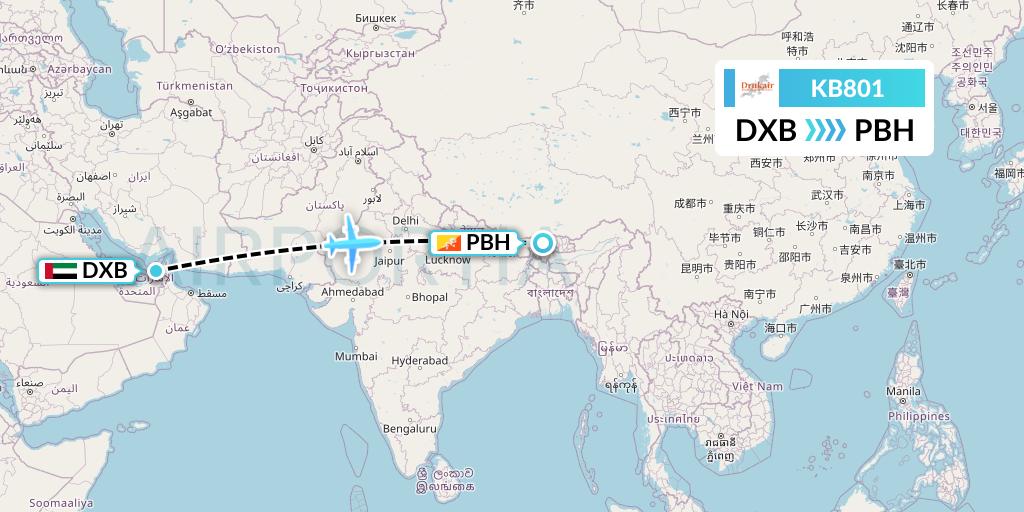 KB801 Druk Air Flight Map: Dubai to Paro