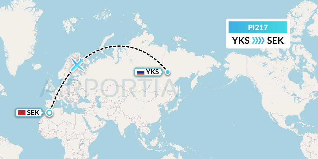 PI217 Polar Airlines Flight Map: Yakutsk to Ksar Es Souk