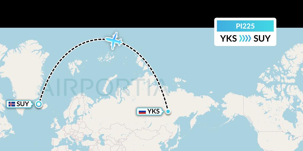 PI225 Polar Airlines Flight Map: Yakutsk to Sudureyri