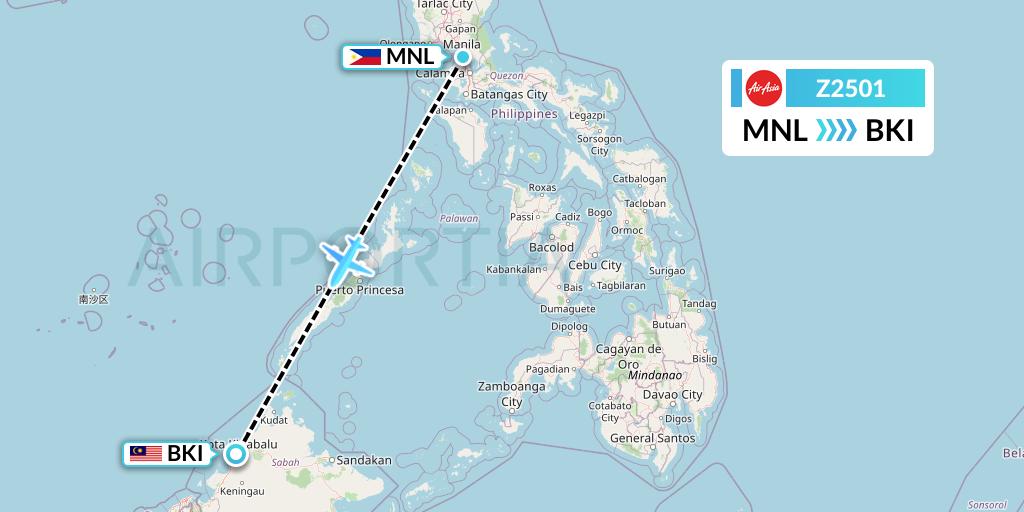 Z2501 Philippines AirAsia Flight Map: Manila to Kota Kinabalu