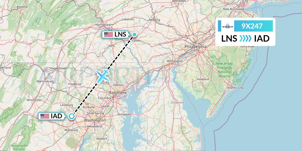 9X247 Southern Airways Express Flight Map: Lancaster to Washington