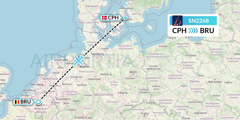 SN2268 Brussels Airlines Flight Map: Copenhagen to Brussels