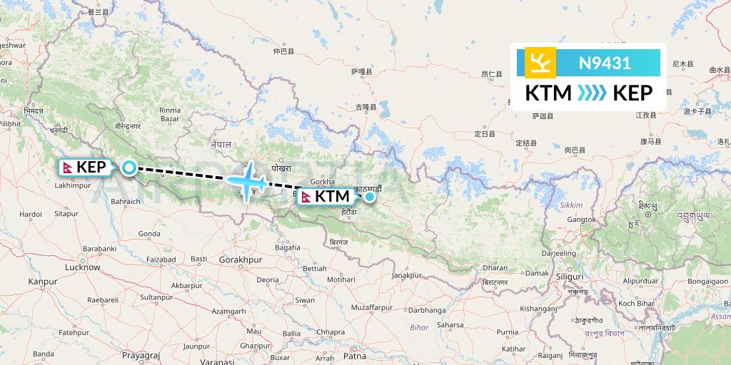 N9431 Shree Airlines Flight Map: Kathmandu to Nepalgunj
