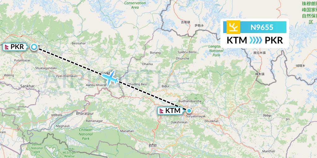 N9655 Shree Airlines Flight Map: Kathmandu to Pokhara