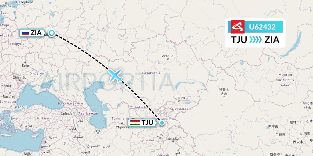 U62432 Ural Airlines Flight Map: Kulob to Moscow