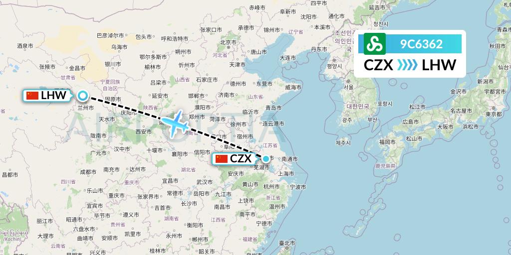 9C6362 Spring Airlines Flight Map: Changzhou to Lanzhou