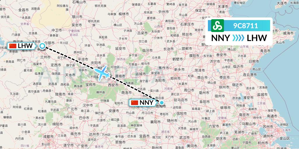 9C8711 Spring Airlines Flight Map: Nanyang to Lanzhou