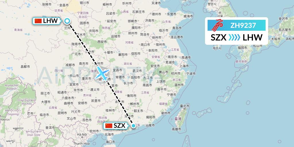 ZH9237 Shenzhen Airlines Flight Map: Shenzhen to Lanzhou