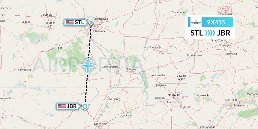 9X455 Southern Airways Express Flight Map: St. Louis to Jonesboro