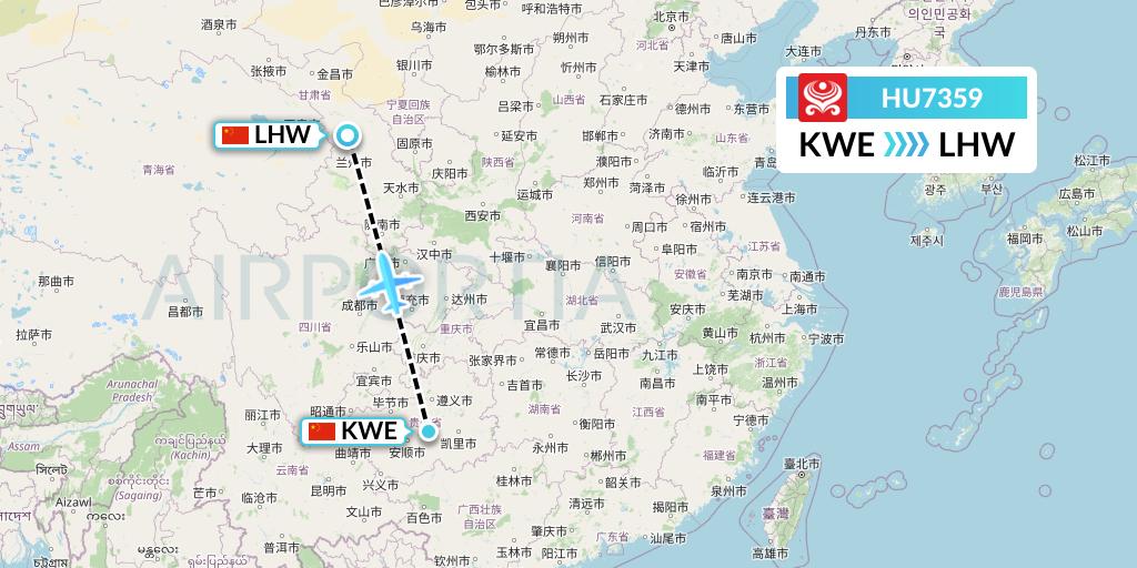 HU7359 Hainan Airlines Flight Map: Guiyang to Lanzhou