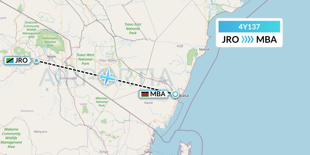 4Y137 Eurowings Discover Flight Map: Kilimanjaro to Mombasa