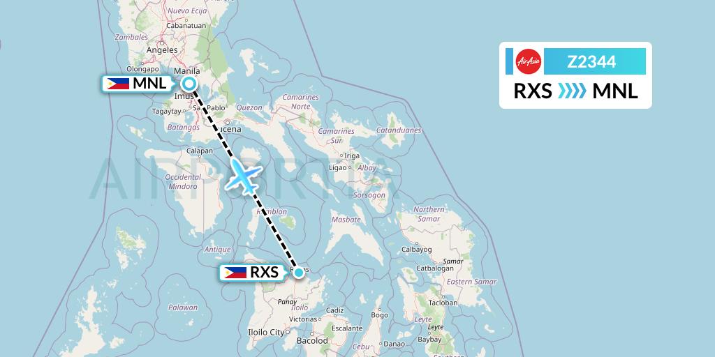 Z2344 Philippines AirAsia Flight Map: Roxas City to Manila