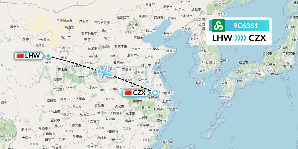 9C6361 Spring Airlines Flight Map: Lanzhou to Changzhou