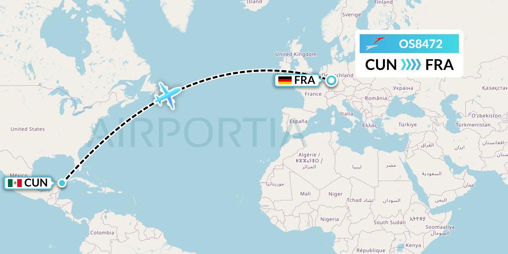 OS8472 Austrian Airlines Flight Map: Cancun to Frankfurt