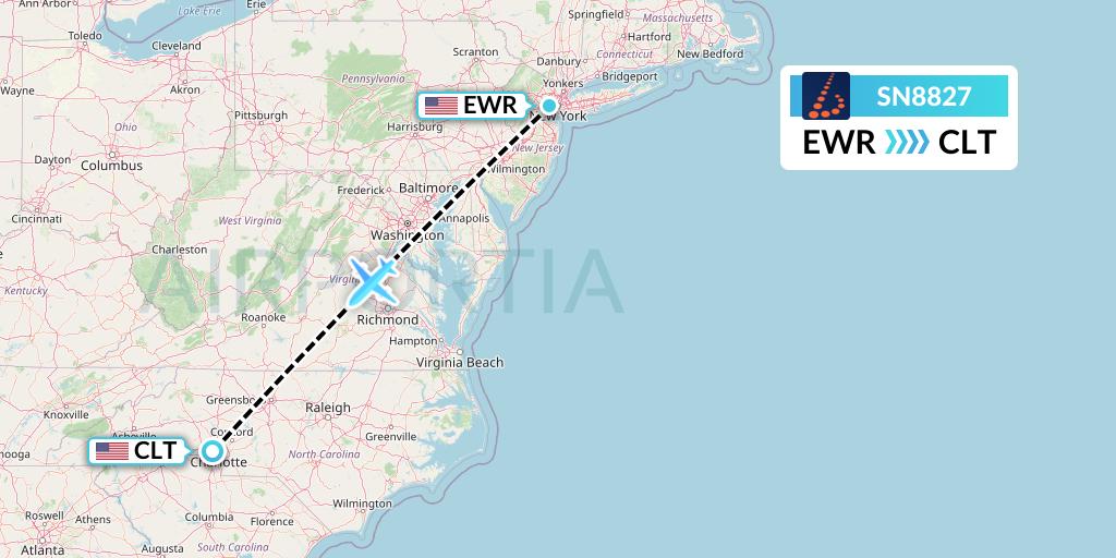 SN8827 Brussels Airlines Flight Map: New York to Charlotte