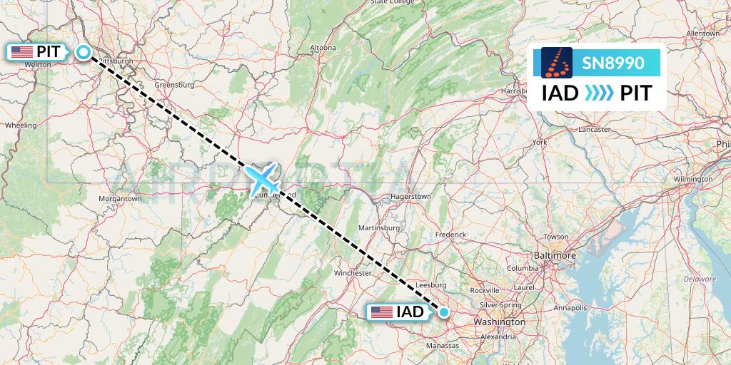 SN8990 Brussels Airlines Flight Map: Washington to Pittsburgh