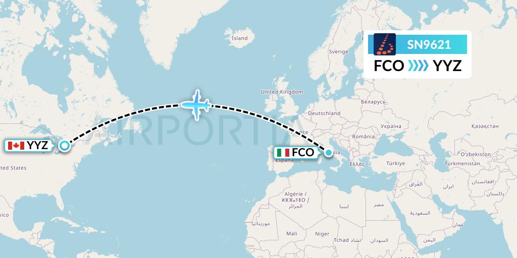 SN9621 Brussels Airlines Flight Map: Rome to Toronto