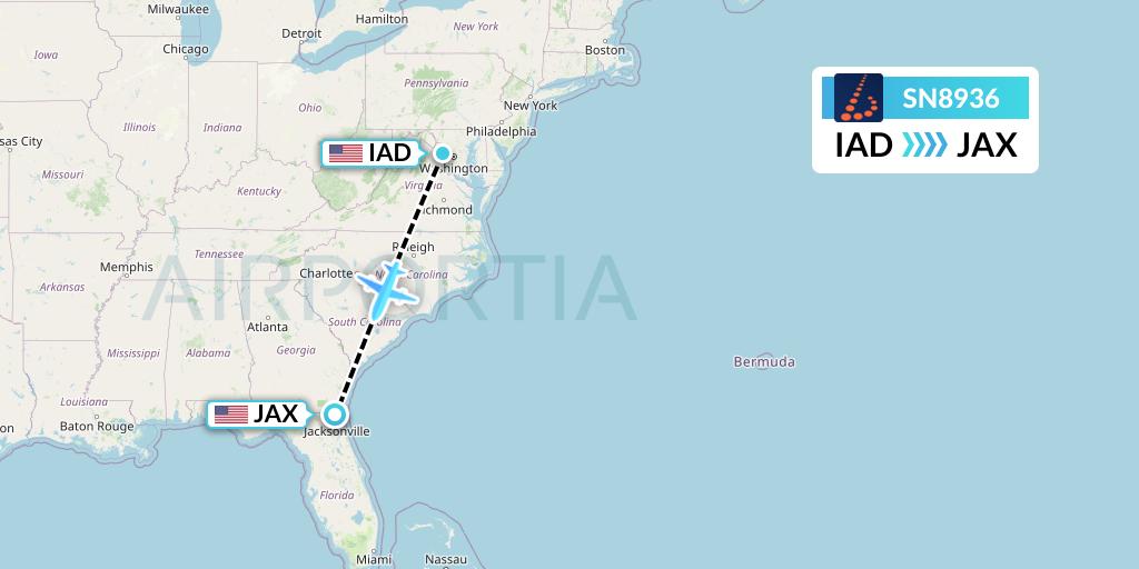 SN8936 Brussels Airlines Flight Map: Washington to Jacksonville