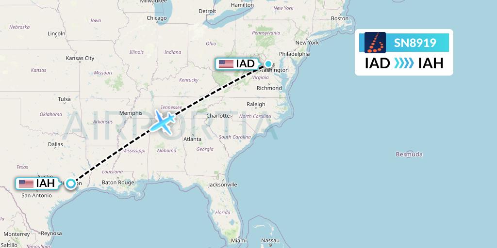 SN8919 Brussels Airlines Flight Map: Washington to Houston