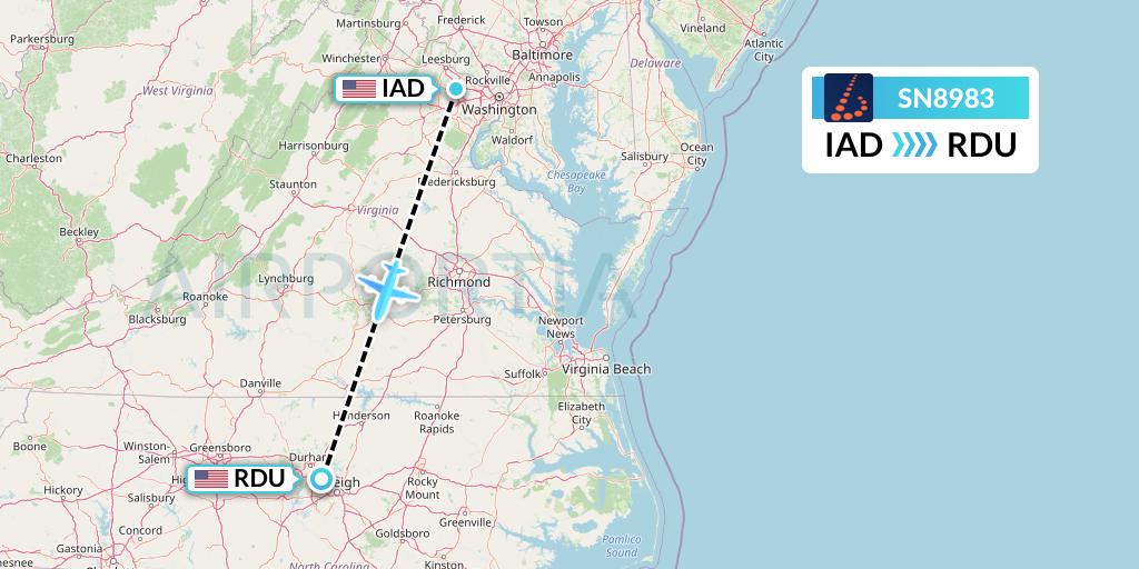 SN8983 Brussels Airlines Flight Map: Washington to Raleigh-Durham