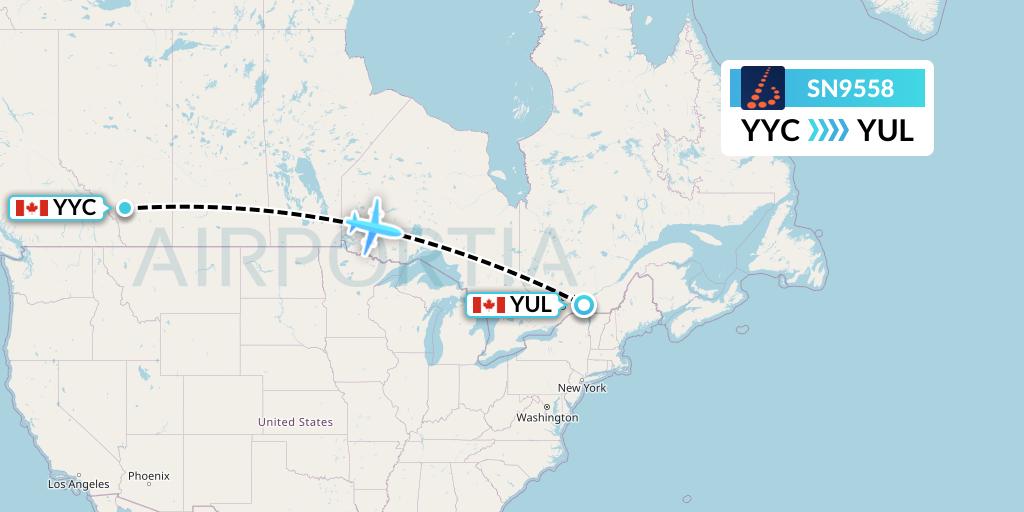 SN9558 Brussels Airlines Flight Map: Calgary to Montreal