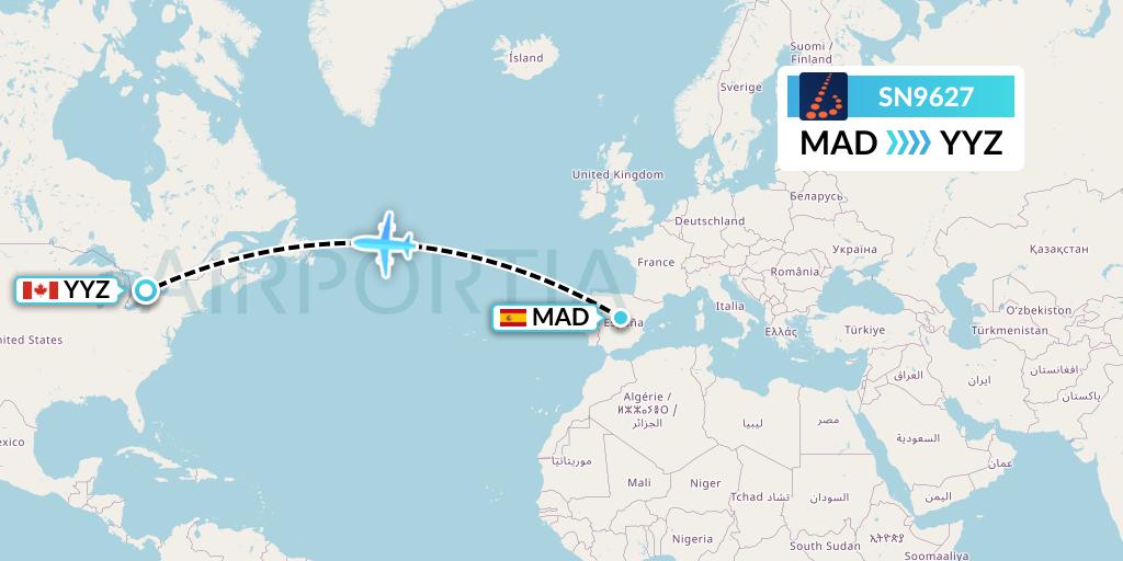 SN9627 Brussels Airlines Flight Map: Madrid to Toronto
