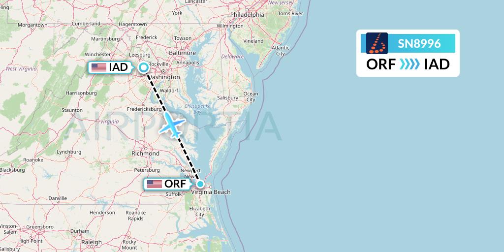 SN8996 Brussels Airlines Flight Map: Norfolk to Washington