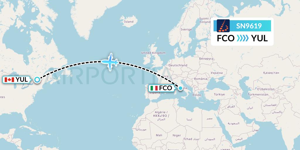 SN9619 Brussels Airlines Flight Map: Rome to Montreal