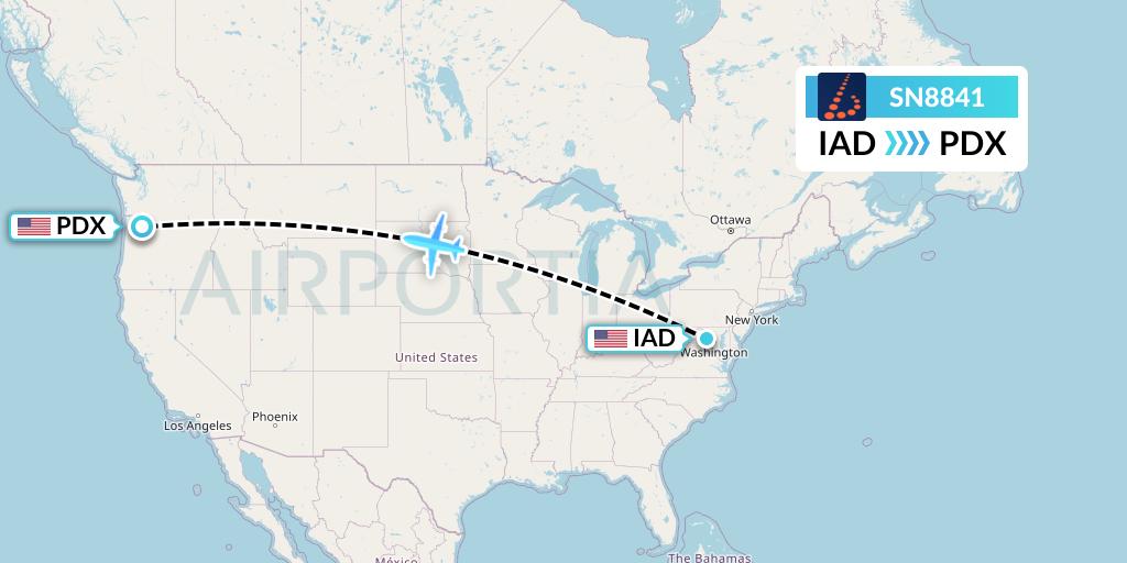 SN8841 Brussels Airlines Flight Map: Washington to Portland