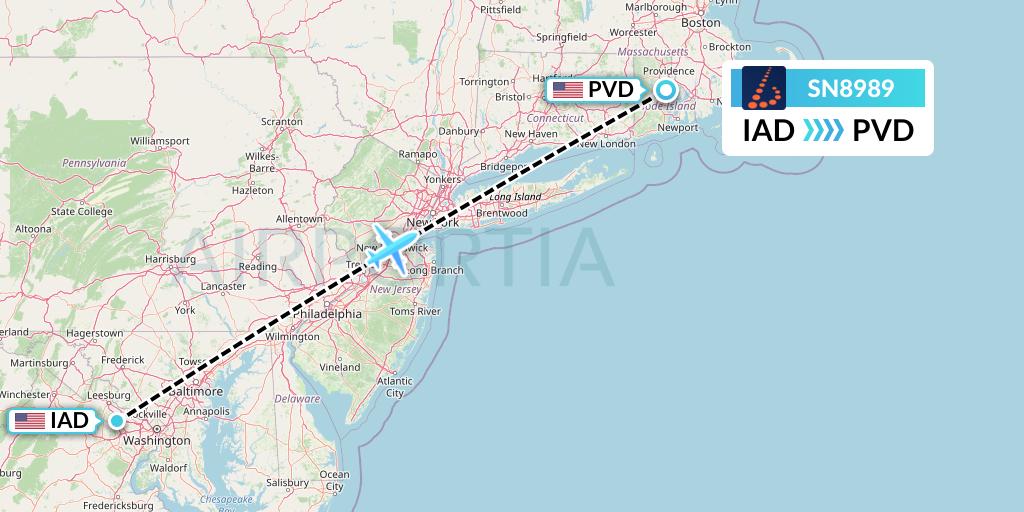 SN8989 Brussels Airlines Flight Map: Washington to Providence
