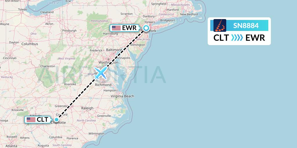 SN8884 Brussels Airlines Flight Map: Charlotte to New York