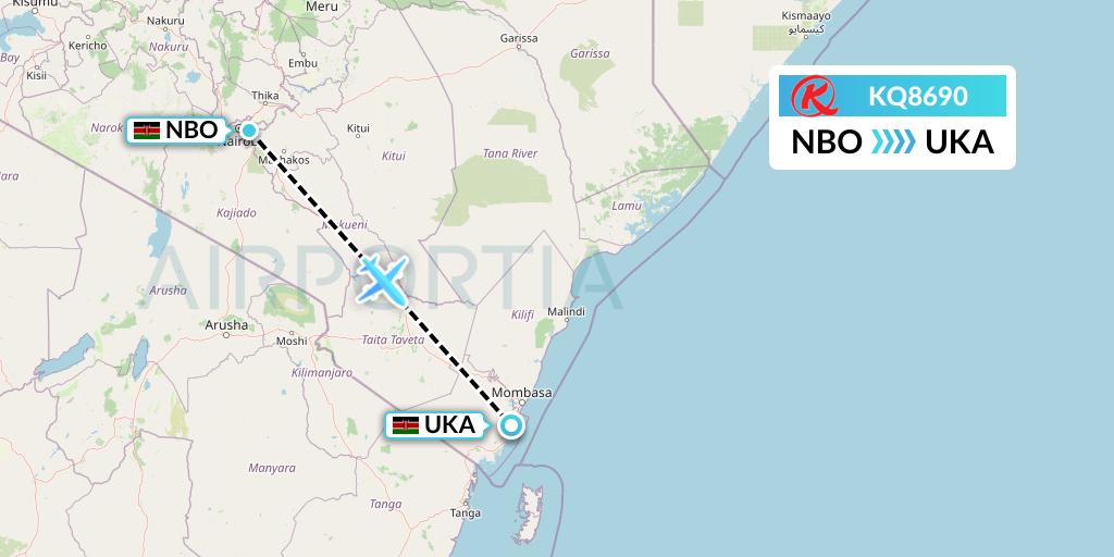 KQ8690 Kenya Airways Flight Map: Nairobi to Ukunda