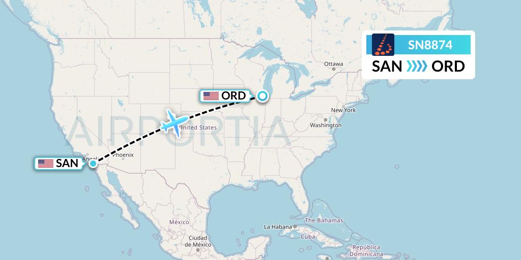 SN8874 Brussels Airlines Flight Map: San Diego to Chicago