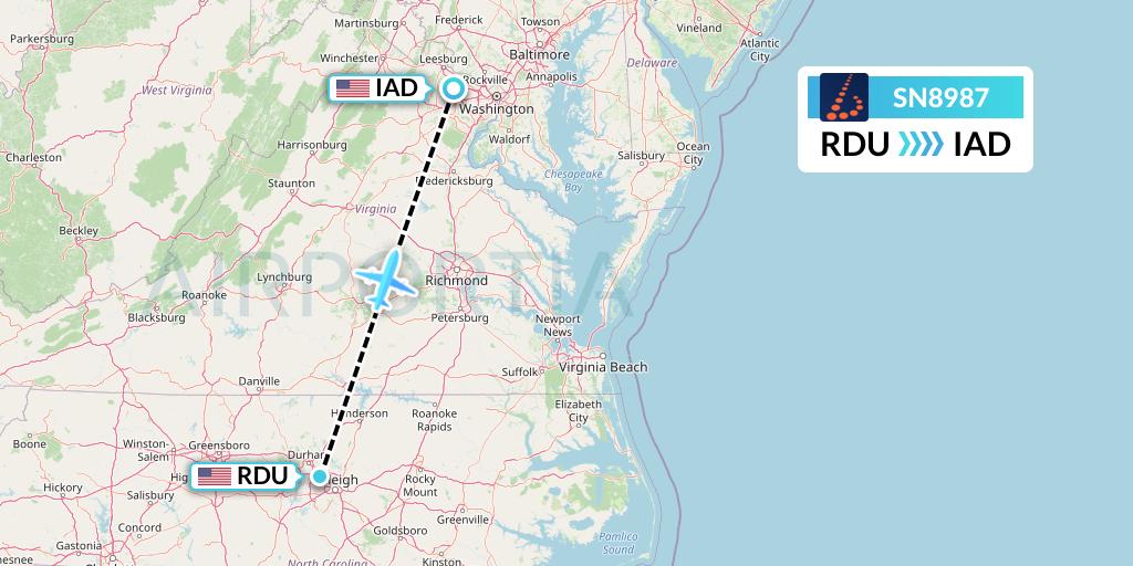SN8987 Brussels Airlines Flight Map: Raleigh-Durham to Washington