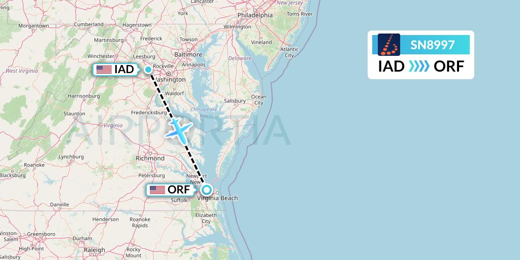 SN8997 Brussels Airlines Flight Map: Washington to Norfolk