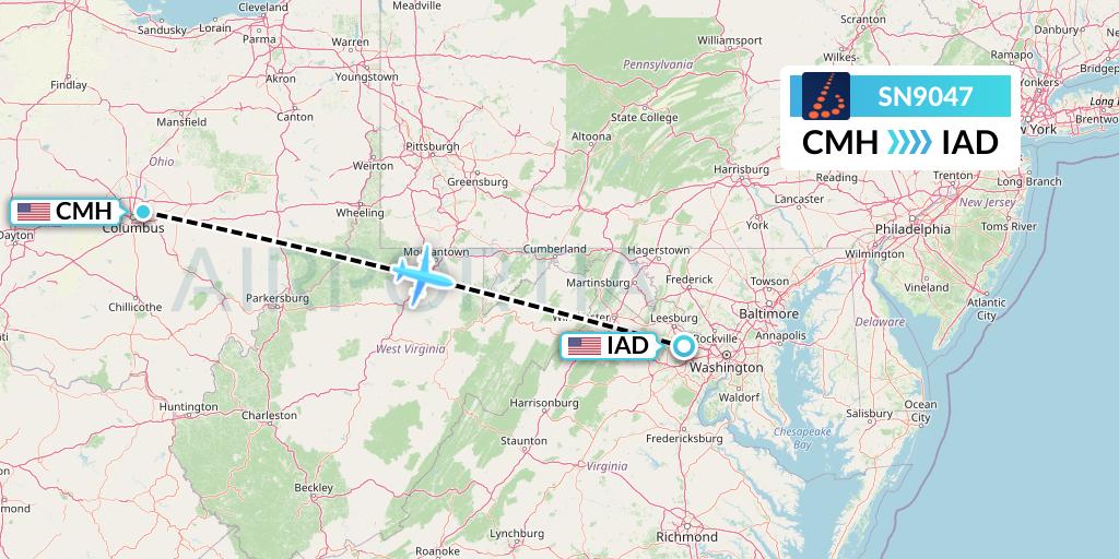 SN9047 Brussels Airlines Flight Map: Columbus to Washington