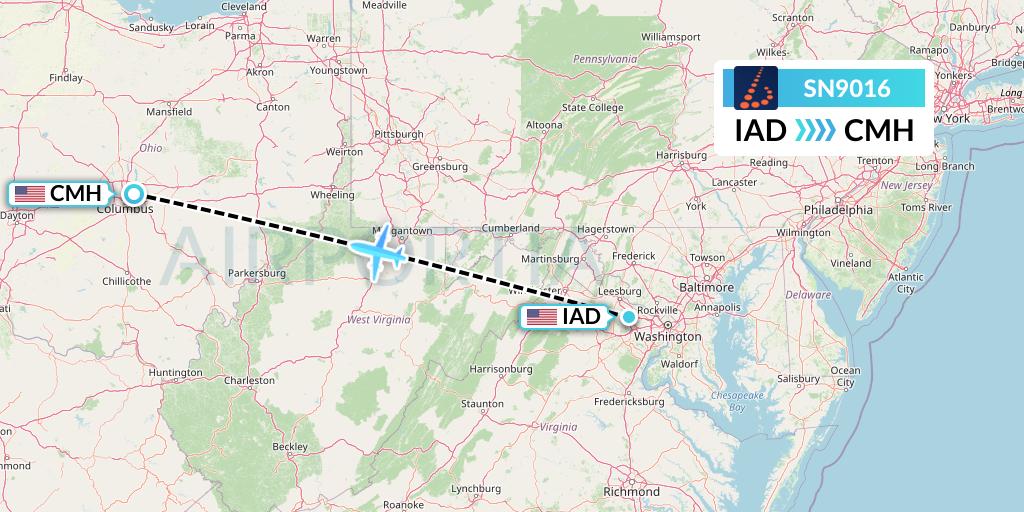 SN9016 Brussels Airlines Flight Map: Washington to Columbus
