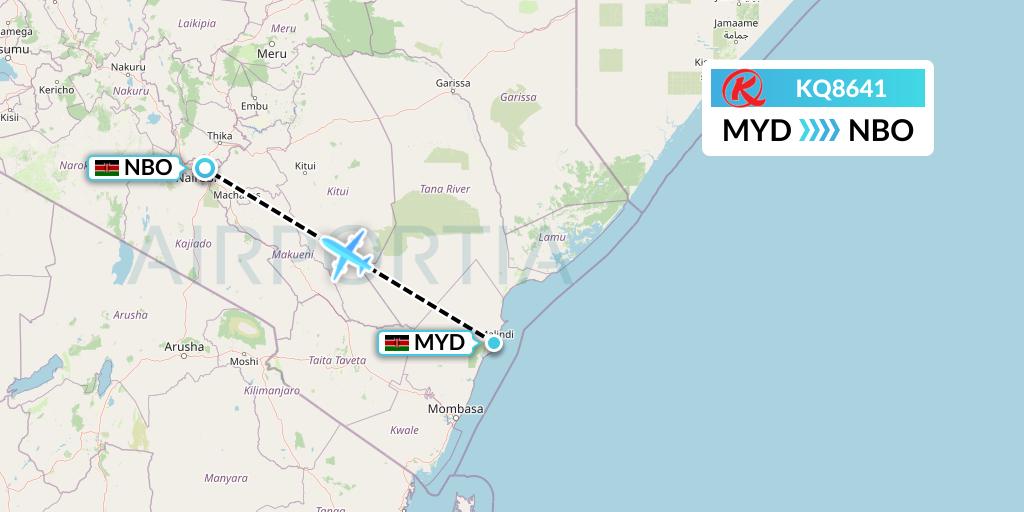 KQ8641 Kenya Airways Flight Map: Malindi to Nairobi