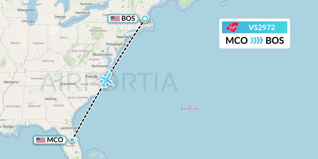VS2972 Virgin Atlantic Airways Flight Map: Orlando to Boston