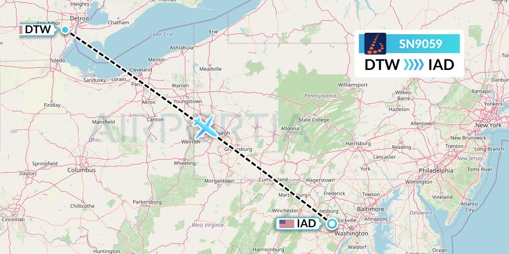 SN9059 Brussels Airlines Flight Map: Detroit to Washington