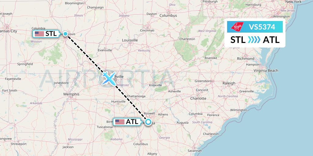 VS5374 Virgin Atlantic Airways Flight Map: St. Louis to Atlanta